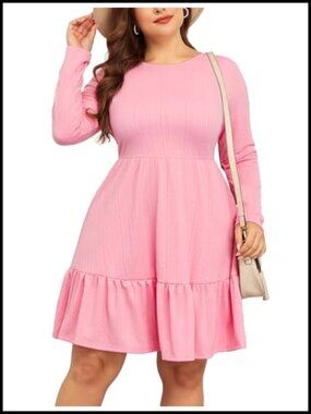 Plus Size Ribbed Knit Long Sleeve A Line Sweater Dress Ruffle Hem